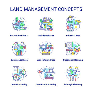 Land management concept icons set. Recreational and residential areas idea thin line color illustrations. Strategic plan. Isolated symbols. Editable stroke. Roboto-Medium, Myriad Pro-Bold fonts used
