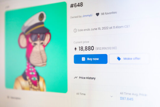 Belgrade, Serbia - March 18, 2022: The Bored Ape Yacht Club NFT (BAYC) price of 18800 ethereum for one NFT. Bored Ape collection is the the most expensive among NFTs. Collection of 10,000 ape avatars