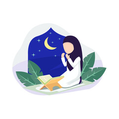 Muslim woman praying in the night after reading Quran vector isolated illustration