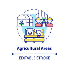 Agricultural areas concept icon. Land use classification abstract idea thin line illustration. Places for farming purposes. Isolated outline drawing. Editable stroke. Arial, Myriad Pro-Bold fonts used