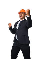 Portrait of a handsome chief engineer wearing a black suit and orange helmet clenching his fists in a very happy gesture isolated on white background, with clipping path.