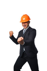 Portrait of a handsome chief engineer wearing a black suit and orange helmet clenching his fists in a very happy gesture isolated on white background, with clipping path.