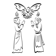 apostles pray to God, flames and a dove above their heads, black outline