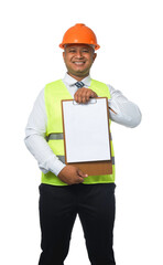 Portrait of a handsome chief engineer wearing a hard hat. Wearing a reflective tiger. Thumbs up. isolated on white background clipping path.copy space.