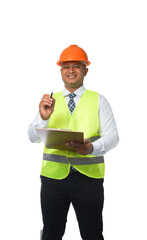 Portrait of a handsome chief engineer wearing a hard hat. Put on a reflective vest. Hold a clipboard and blueprints. isolated on a white background clipping path