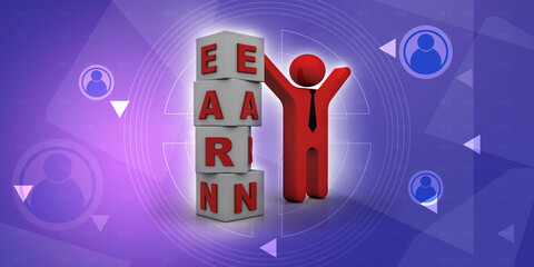 3d rendering Word EARN cubes with man