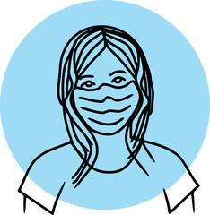 line art of woman with long hair wearing face mask