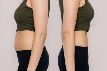 Young woman in profile with a belly with excess fat and toned slim stomach with abs before and...