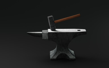 Anvil and hammer, 3d rendering.