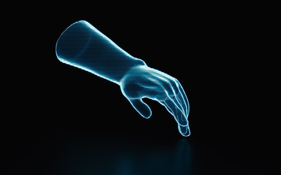 Holographic image of a hand, futuristic element, 3d rendering.