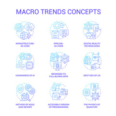 Macro trends blue gradient concept icons set. Global business and industry development idea thin line color illustrations. Isolated symbols. Editable stroke. Roboto-Medium, Myriad Pro-Bold fonts used