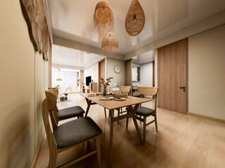 3D rendering, spacious dining room design next to the modern kitchen, with a beautiful dining table and greenery