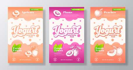Fruits and Berries Yogurt Label Templates Set. Abstract Vector Dairy Packaging Design Layouts Collection. Modern Banner with Hand Drawn Apricot, Peach and Plum Sketches Background Isolated
