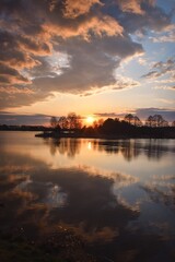 Wonderful morning landscape in Poland. The sun over the lake in a colorful sky.