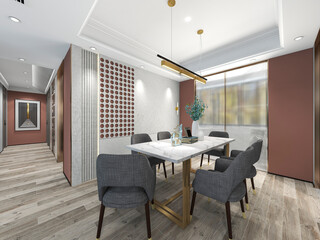 3D rendering, spacious dining room design next to the modern kitchen, with a beautiful dining table and greenery