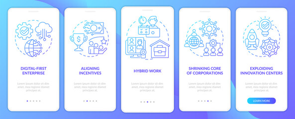 Trends in enterprise blue gradient onboarding mobile app screen. Walkthrough 5 steps graphic instructions pages with linear concepts. UI, UX, GUI template. Myriad Pro-Bold, Regular fonts used