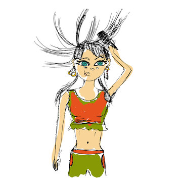 Funny girl combing her hair. Electricity in hair. Coloring, Funny drawing, cartoon