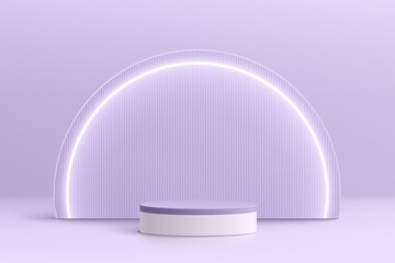 Realistic purple and white 3D cylinder pedestal podium with glowing neon semi circle lamp. Minimal scene for products stage showcase, promotion display. Vector geometric platform. Abstract studio room