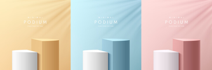 Set of realistic yellow, blue, pink and white 3D cylinder stand podium in clean abstract room with leaf shadow. Minimal scene for products stage showcase, promotion display. Vector geometric platform.