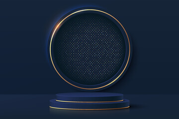 Realistic dark blue 3D cylinder pedestal podium with luxury shiny glitter in golden circle window. Scene for products stage showcase, promotion display. Vector geometric forms. Abstract studio room.