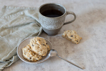 Tea with American oatmeal cookies. Recipe illustration. Photo of food in pastel colors.