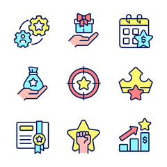 Incentive compensation pixel perfect RGB color icons set. Raising employees motivation. Customer appreciation. Isolated vector illustrations. Simple filled line drawings collection. Editable stroke