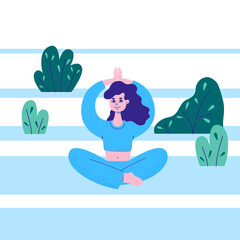 Young Woman Practices Yoga in nature. A girl in a lotus position does an asana the sun salutation in a park surrounded by bushes and grass. Person hand drawn vector Flat cartoon illustration.