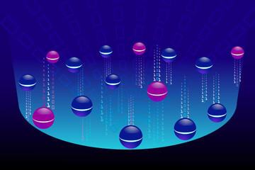 Binary code with blue background. Big data background with colorful circles. Network connection with big data.
