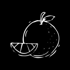Hand drawn orange. White outline of an orange with a slice on a black background. Black and white vector illustration drawing.