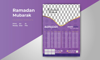 Ramadan One Page Calendar 2022 Islamic Flyer Template Design Layout