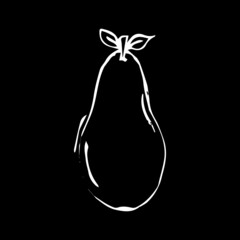 Pear painted with white brushes on a black background. Drawing with white outline. Vector illustration.