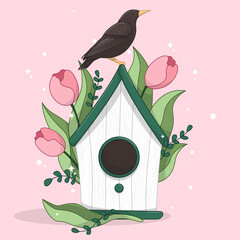 Vector starlings and birdhouses, vector birdhouses, bird arrived in spring, spring card with birdhouse, cute birdhouse, hello spring, vector spring flowers, vector spring flowers, vector tulips