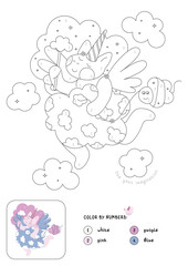 Cute coloring page for kids. Kind Vector coloring by numbers with unicorn and clouds. For girls. Isolated.