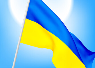 Flag of Ukraine against a clear blue sky. The symbol of patriotism of the Ukrainian nation, a blue-yellow silk banner, flutters in the rays of light. Vector 3d realistic illustration. Vector EPS10