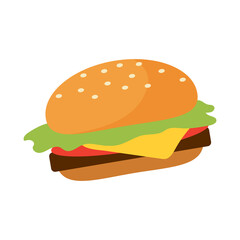 Delicious hamburger semi flat color vector object. Fast food restaurant. Full sized item on white. Homemade cheeseburger simple cartoon style illustration for web graphic design and animation - obrazy, fototapety, plakaty