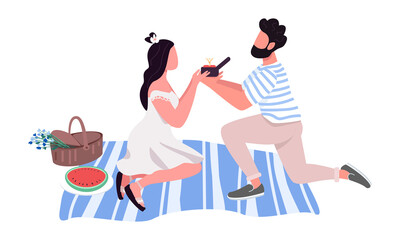Bearded man proposing to woman semi flat color vector characters. Full body people on white. Declaring love on picnic simple cartoon style illustration for web graphic design and animation