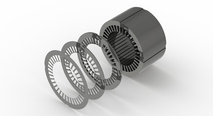 Stator sheet metal package, exploded view, 3D rendering