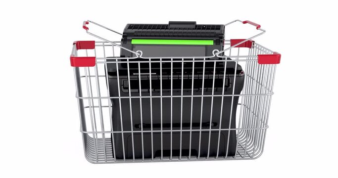 Printer laser MFP adding to shopping basket, 3d animation. 3D rendering isolated on white background