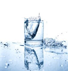 Drinking water splashed with ice in glass