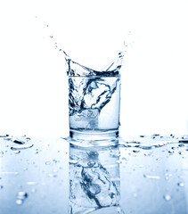 Drinking water splashed with ice in glass