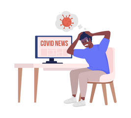 Man scared of covid news semi flat color vector character. Sitting figure. Full body person on white. Simple cartoon style illustration for web graphic design and animation. Bebas Neue font used