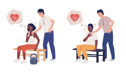 Heart attack at gymnasium semi flat color vector characters set. Posing figures. Full body people on white. Supportive coach simple cartoon style illustration for web graphic design and animation