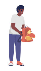 Male teenager holding opened backpack semi flat color vector character. Standing figure. Full body person on white. Simple cartoon style illustration for web graphic design and animation