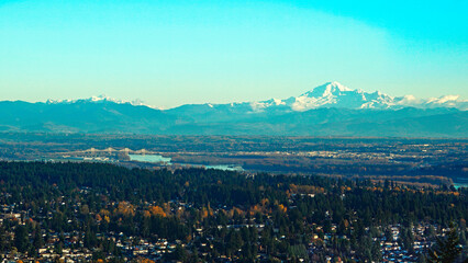 Fraser Valley, BC, residences as viewed from Burnaby Mountain, BC, with majestic Mount Baker as backdrop.