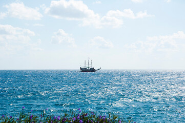 pirate ship in the sea water. summer vacation and traveling