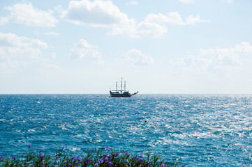 pirate ship in sea water. summer vacation and traveling