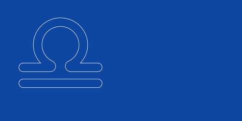 Obraz premium A large white outline zodiac libra symbol on the left. Designed as thin white lines. Vector illustration on blue background