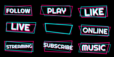 Set of stickers for a popular social network. White - blue  - pink sticker on black background. Modern advertising social media design. - obrazy, fototapety, plakaty