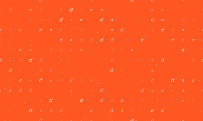 Seamless background pattern of evenly spaced white demiboy symbols of different sizes and opacity. Vector illustration on deep orange background with stars