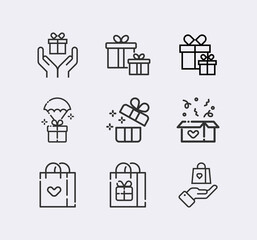 Gift box or present line icon set